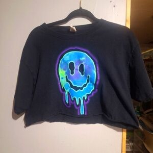 Fruit of the Loom Black Crop Top with Blue Smiley